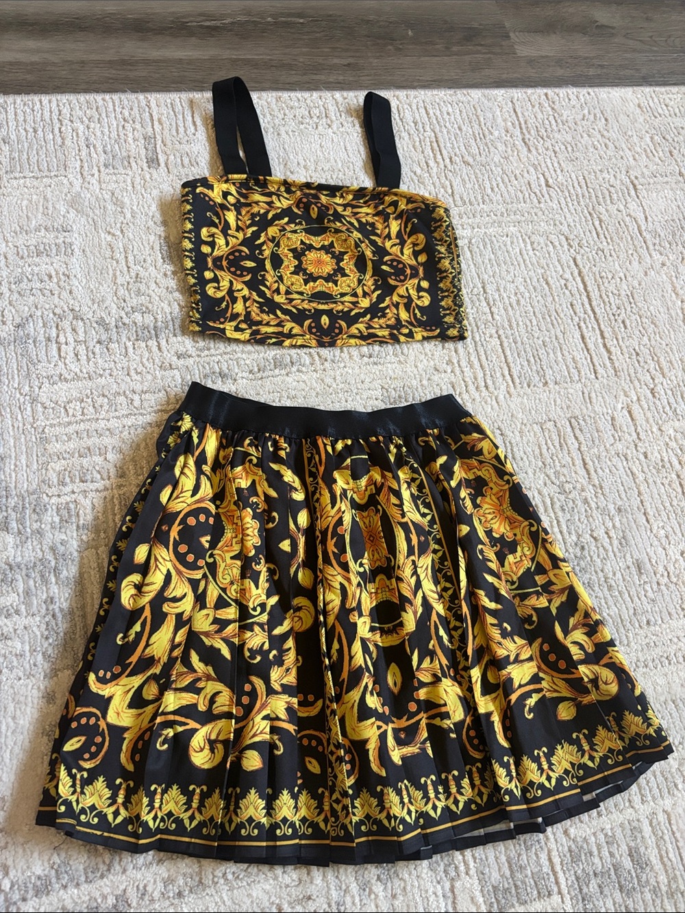 SHEIN Black and Gold Baroque Crop Top & Skater Skirt Set